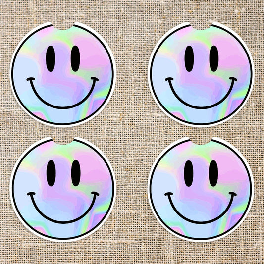 Purple Holographic Happy Face Car Coasters- Set of 2