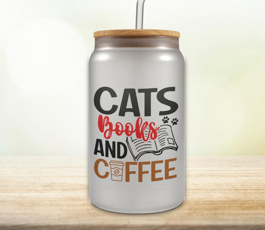 Cats Books and Coffee 18oz Glass Can