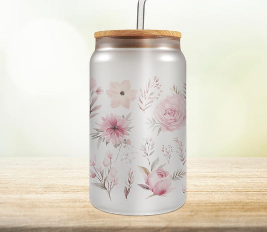 Pink Flowers 18oz Glass Can