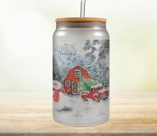 Christmas Red Truck and Barn 18oz Glass Can