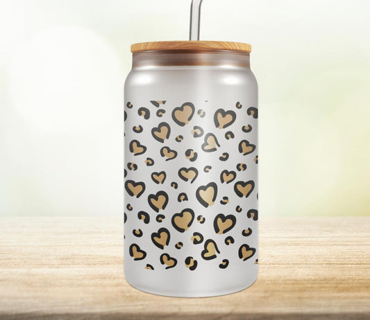 Leopard Hearts 18oz Glass Can